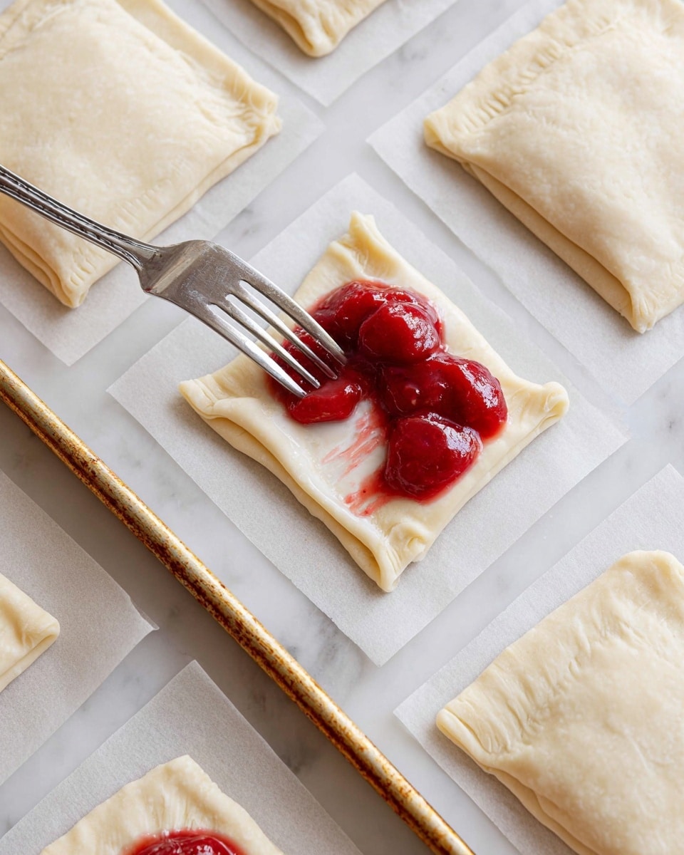 The image shows several square pastries arranged on a metal cooling rack over a white marbled surface, each pastry with a golden, flaky top layer marked by crisscross patterns and topped with white icing drizzles. The pastries have multiple visible layers of thin, light brown dough with a bright red strawberry filling peeking out slightly at the edges. A single fresh red strawberry with a green top sits next to one of the pastries on the rack, adding a pop of color. Photo taken with an iphone --ar 4:5 --v 7