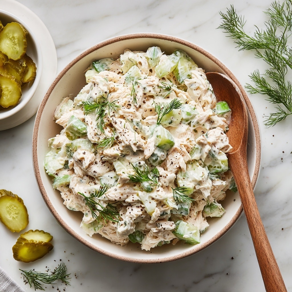 Two golden brown croissant sandwiches sit on a white plate with a thin brown rim. Each croissant is flaky and slightly shiny, split open and filled with a creamy chicken salad mixture that includes shredded chicken, small green celery pieces, and bits of dark olives. The chicken salad looks thick and creamy with a light texture. Beside the croissants on the plate are three slices of pickles, green with a slightly shiny surface. The background is a white marbled surface. photo taken with an iphone --ar 4:5 --v 7
