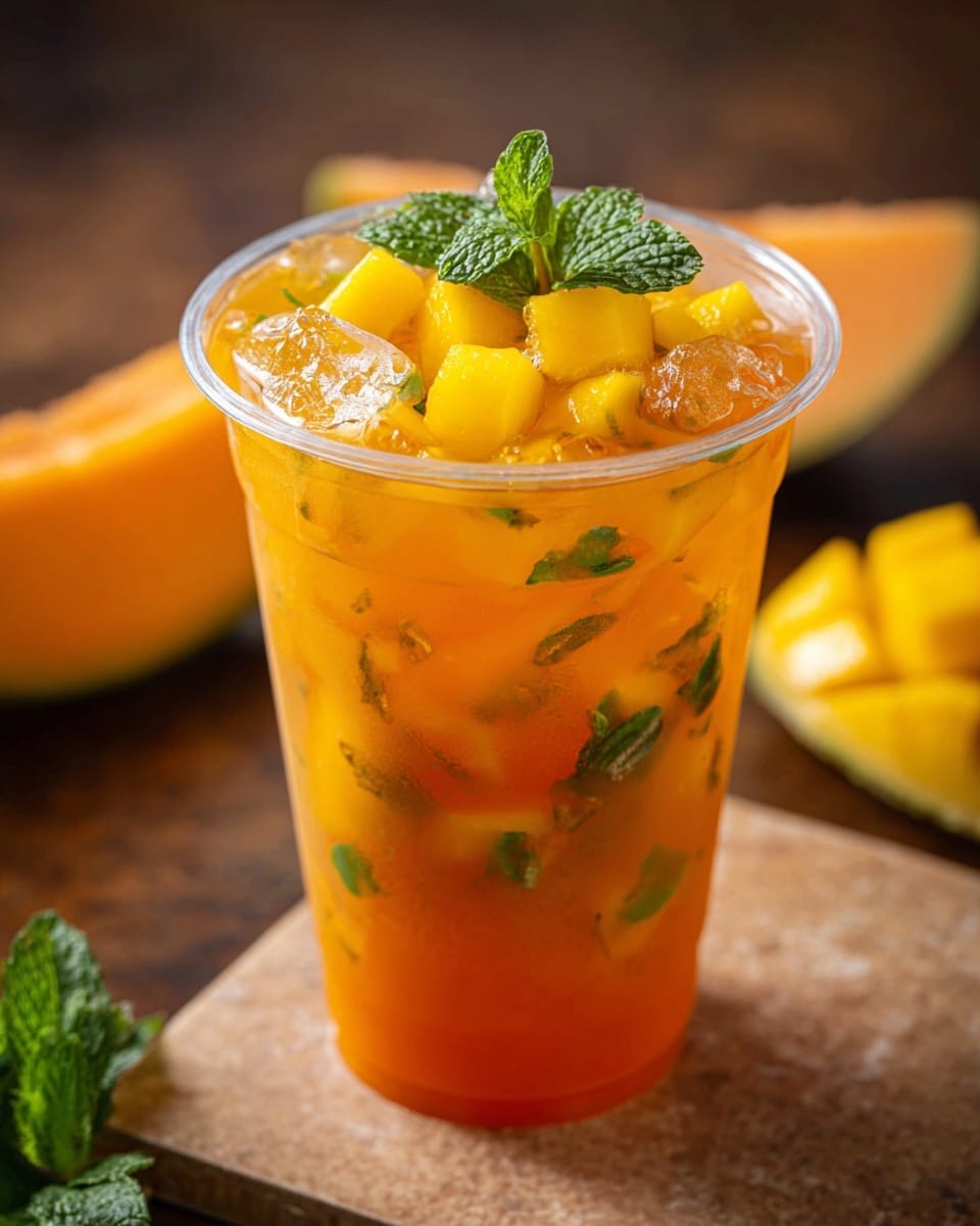 A clear cup filled with bright orange iced tea, with ice cubes floating within the liquid. On top, there are several large yellow mango chunks placed around the rim, and a green mint sprig rests on the mango, adding a fresh touch. A green bendy straw is inserted on one side, leaning outwards from the cup. The cup is set on a white marbled surface. photo taken with an iphone --ar 4:5 --v 7