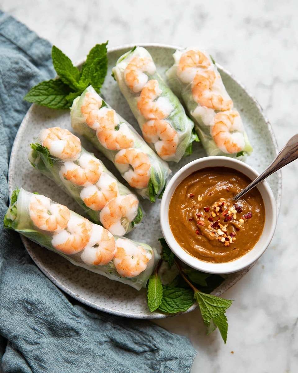 The image shows a white plate with a red and floral patterned rim, holding eight shrimp spring rolls arranged in two rows. Each roll is wrapped in translucent rice paper revealing the plump, pink-orange shrimp placed in a neat line on the outside, covering the top half of the roll. Inside the rolls, layers of bright green lettuce and other vegetables are visible through the clear wrapper. On the side of the plate, there is a small white bowl filled with a thick, orange peanut dipping sauce garnished with red chili flakes. Next to the bowl, fresh green mint leaves are placed as garnish, all set on a white marbled surface. photo taken with an iphone --ar 4:5 --v 7