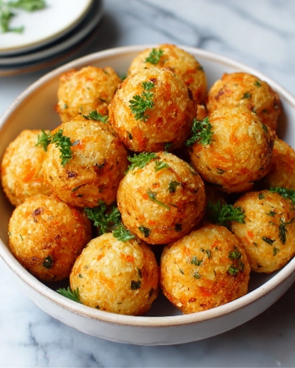 Six round, golden-brown fried balls sit closely together in a shallow white bowl with a dark rim. Each ball has a crispy, textured outer layer with small bits visible, topped with finely chopped green herbs sprinkled on top. The bowl rests on a white marbled surface, and soft natural light brightens the scene, creating small highlights on the crispy surface of the balls. Photo taken with an iphone --ar 4:5 --v 7