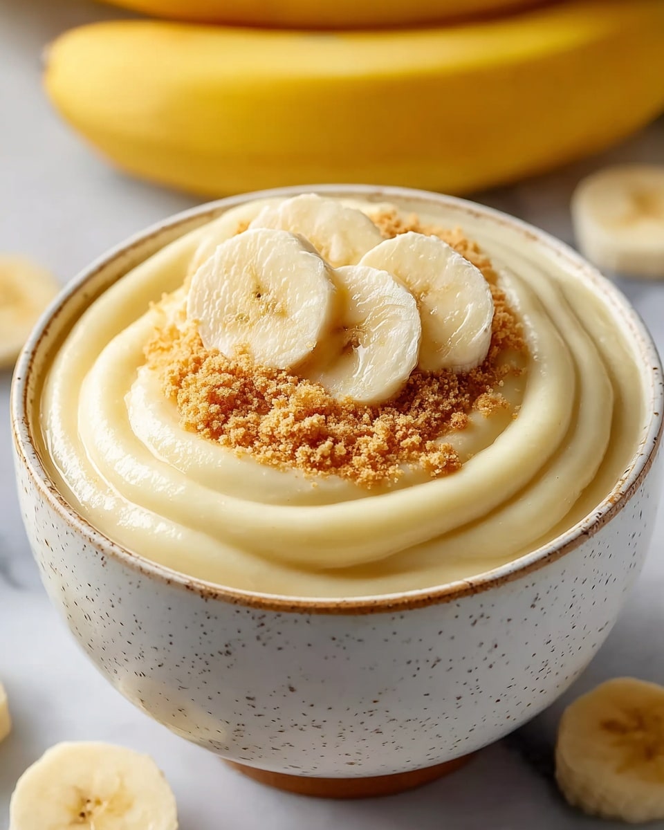 A white bowl filled with smooth, creamy pale yellow pudding forms the base layer, topped with a circle of light brown crumbled biscuit sprinkled in the center, and finished with three round slices of fresh, pale yellow banana placed on top of the crumbs. The bowl sits on a white marbled surface. photo taken with an iphone --ar 4:5 --v 7