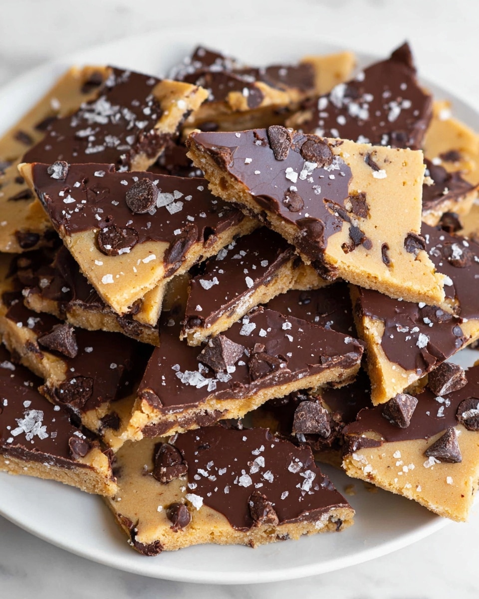 A white plate filled with broken pieces of a two-layer treat, each piece having a bottom layer of light brown cookie dough studded with dark brown chocolate chips and a smooth, dark chocolate layer on top. The chocolate layer is glossy and sprinkled with coarse white sea salt flakes. The cookie dough layer looks soft and slightly crumbly with small chocolate chips unevenly spread throughout. The pieces are irregularly shaped, mostly triangular or rectangular, piled on top of each other on a white marbled surface. photo taken with an iphone --ar 4:5 --v 7