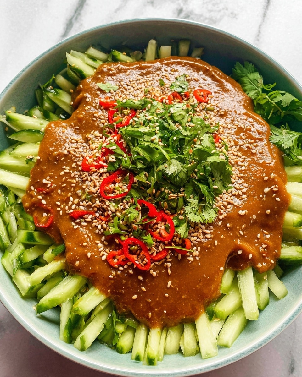 The image shows a green textured bowl filled with a fresh cucumber salad made of several thin cucumber strips. The cucumbers are coated with a light spicy dressing visible as a glossy layer, mixed with small white sesame seeds scattered evenly over the top. Fresh green chopped herbs are sprinkled throughout, adding vibrant green spots. The cucumber strips are primarily light green with darker green peeled edges, creating a mix of shades. The bowl sits on a white marbled surface. Photo taken with an iphone --ar 4:5 --v 7