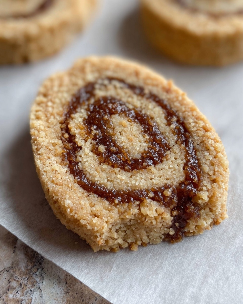 The image shows a close-up of two pieces of a swirled dessert on a white plate with a light brown rim. The dessert has several layers with a crumbly beige outer layer and a darker, smooth, reddish-brown filling swirled inside. One piece is stacked on top of the other, showing the texture and layers clearly. Around them, more similar pieces are partially visible, all placed on the white plate resting on a white marbled surface. The background includes a woven basket and a blurred dark curtain. Photo taken with an iphone --ar 4:5 --v 7