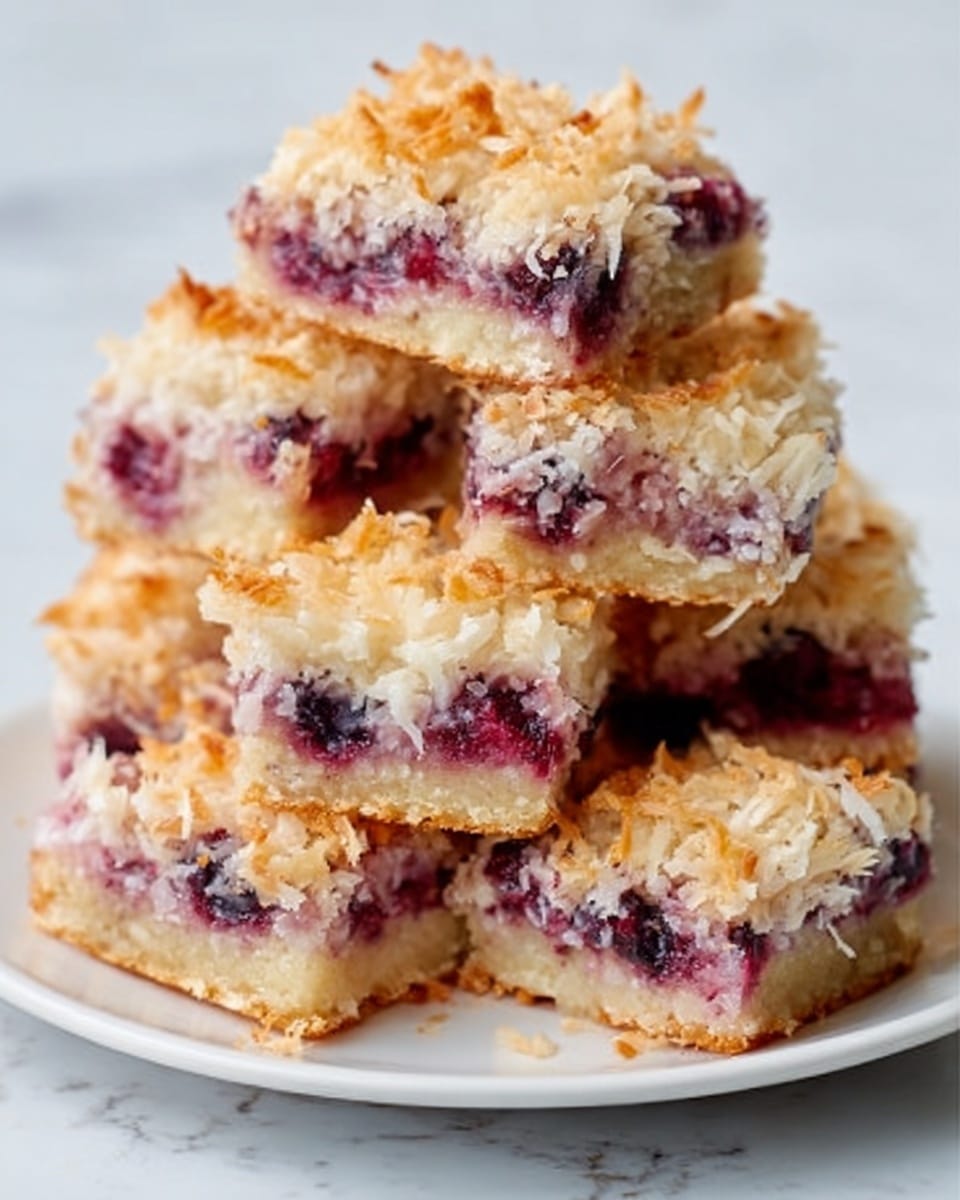 A stack of six coconut berry bars is shown on a plain white plate, set against a white marbled surface. Each bar has three main layers: a light golden-brown, crumbly base at the bottom, a soft, purple berry filling in the middle with scattered whole berries visible, and a textured top layer of toasted shredded coconut, golden and slightly crispy. The bars are cut into small squares, stacked unevenly, with the top bar showing a clean cross-section of all layers. Photo taken with an iphone --ar 4:5 --v 7