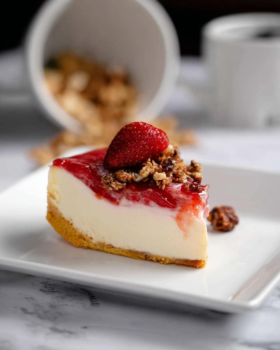 A white plate holds a cheesecake with a thick, golden brown crumb base as the bottom layer, topped by a creamy, smooth light yellow cream cheese layer in the middle. On top, there is a bright red raspberry sauce spooned in an uneven circular shape, with some of the sauce dripping slightly over the edge of the cream cheese layer. A single slice is cut out, showing the thickness of each layer clearly. There are a few whole raspberries placed on the side of the plate and one next to the cheesecake. The plate is set on a light wood surface. Photo taken with an iphone --ar 4:5 --v 7