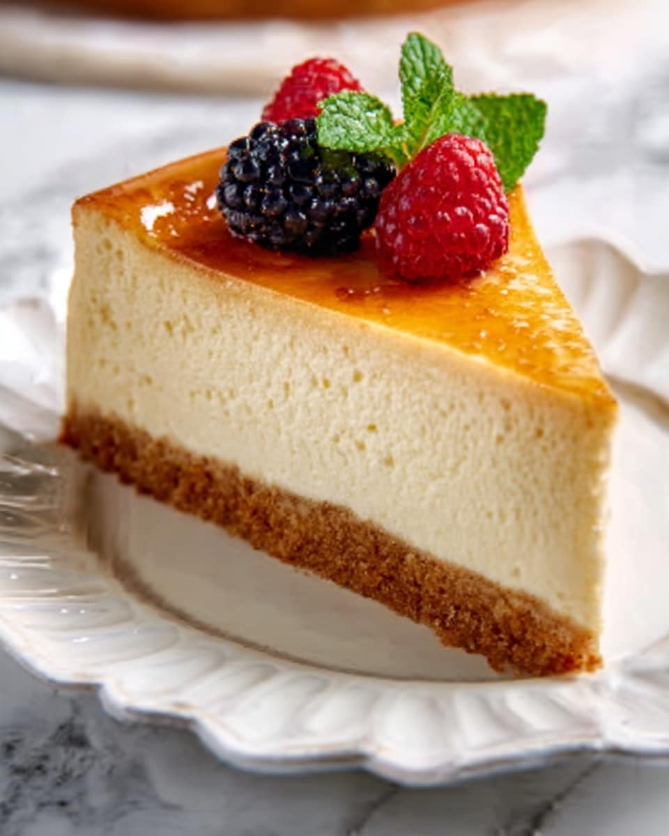 The image shows a slice of cheesecake on a white plate placed on a white marbled surface. The cheesecake has three layers: a thick, light brown crumbly crust at the bottom, a thick creamy white middle layer, and a thin, golden-brown, slightly caramelized top layer with a sugary texture. In front of the cheesecake slice, there are two berries, one red raspberry and one dark blackberry, along with a small sprig of fresh green mint. In the background, there is another white plate with raspberries, and two red-handled spoons lying on the surface. photo taken with an iphone --ar 4:5 --v 7