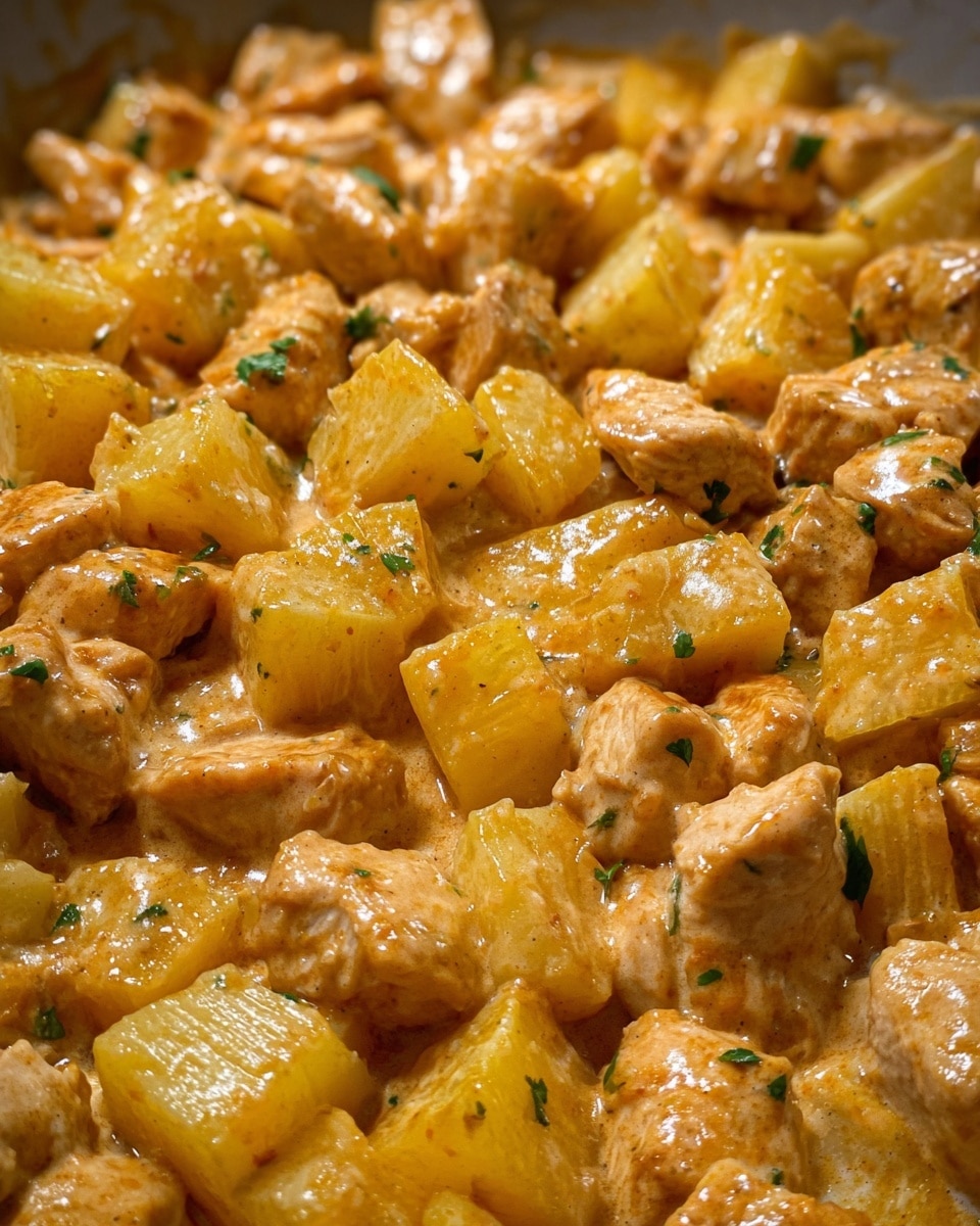 A white bowl filled with two main layers of food: the bottom layer consists of golden-yellow cubed pieces that look soft and coated in a glossy sauce, while the top layer features light brown, slightly larger chunk pieces also covered in a creamy, shiny orange sauce with small green herbs sprinkled across. In the background, an empty black pan shows some leftover bits of the same dish, sitting on a stove with a white marbled countertop beneath. The bowl is being held close up by a woman's hand. photo taken with an iphone --ar 4:5 --v 7