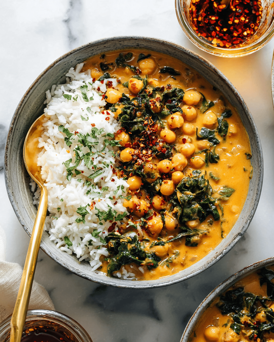 The image shows a close-up of a creamy chickpea curry in a white pan, with a wooden spoon partially covered in thick, orange-yellow sauce. The curry has soft, round chickpeas scattered throughout and wilted dark green spinach leaves mixed in. The sauce looks smooth and rich, with specks of spices giving it some texture. The pan sits on a white marbled surface, and the wooden spoon is resting in the curry as if stirring it. photo taken with an iphone --ar 4:5 --v 7