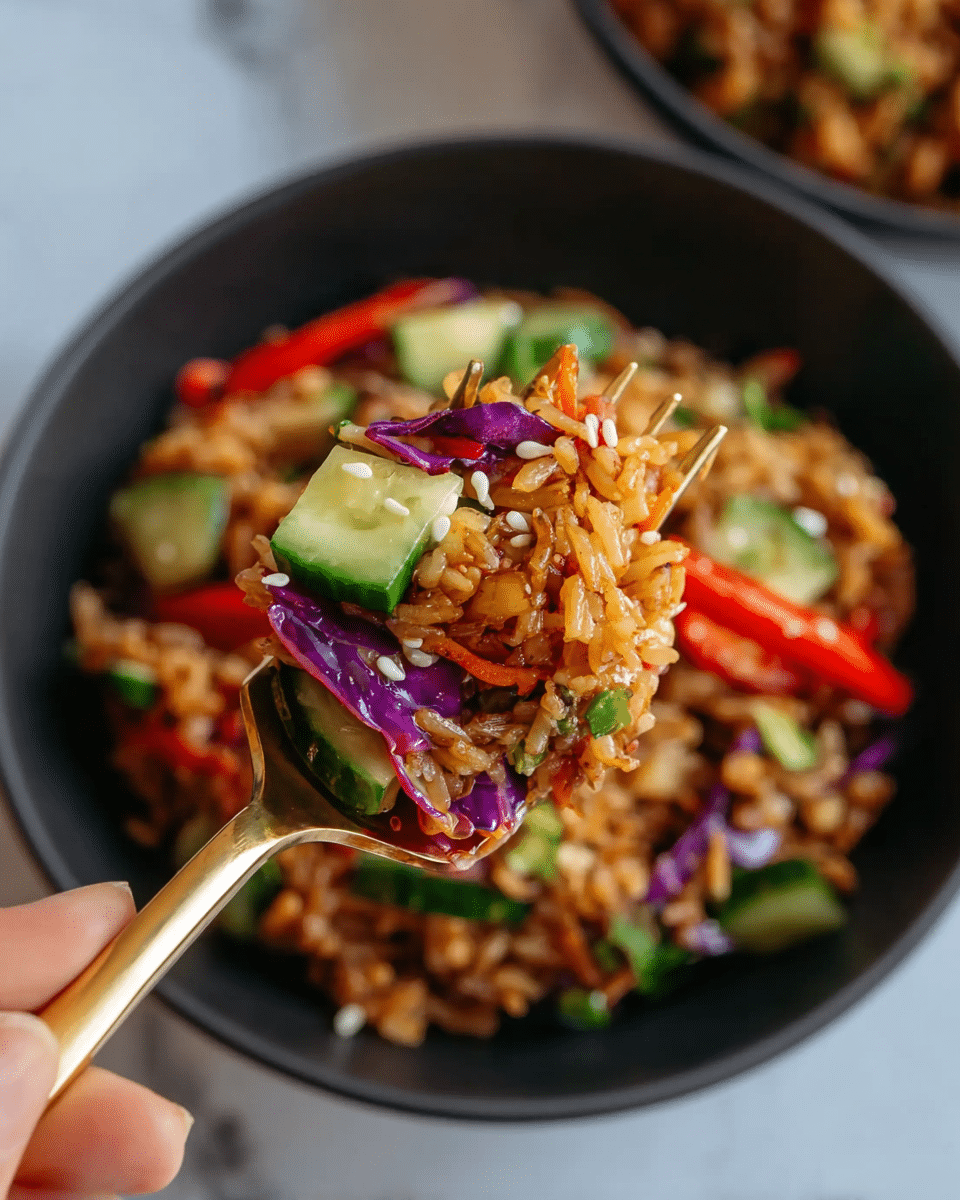 A bowl filled with a colorful salad, starting with a base of crispy brown fried bits, mixed with bright green cucumber slices placed around the edges. There are layers of shredded purple cabbage and thin strips of red bell pepper scattered throughout. Chopped green onions and fresh green cilantro leaves add a fresh touch on top. The salad is drizzled with a tan creamy sauce and sprinkled with small white sesame seeds for texture. The bowl is white, sitting on a white marbled surface, and the background is softly blurred. Photo taken with an iphone --ar 4:5 --v 7