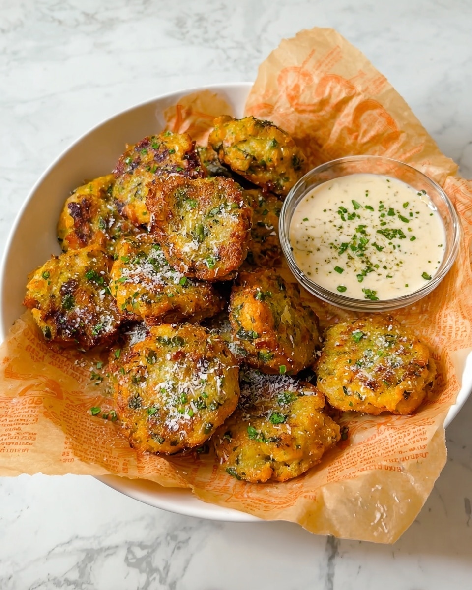 A white plate lined with orange paper printed with text holds a pile of small, round fried patties that are golden brown with visible green and orange bits inside them, likely herbs and vegetables. The patties are sprinkled with finely chopped green herbs and white grated cheese. To the side of the plate, there is a small clear glass bowl filled with a creamy light sauce, garnished with green herb pieces. The plate sits on a white marbled surface. Photo taken with an iphone --ar 4:5 --v 7