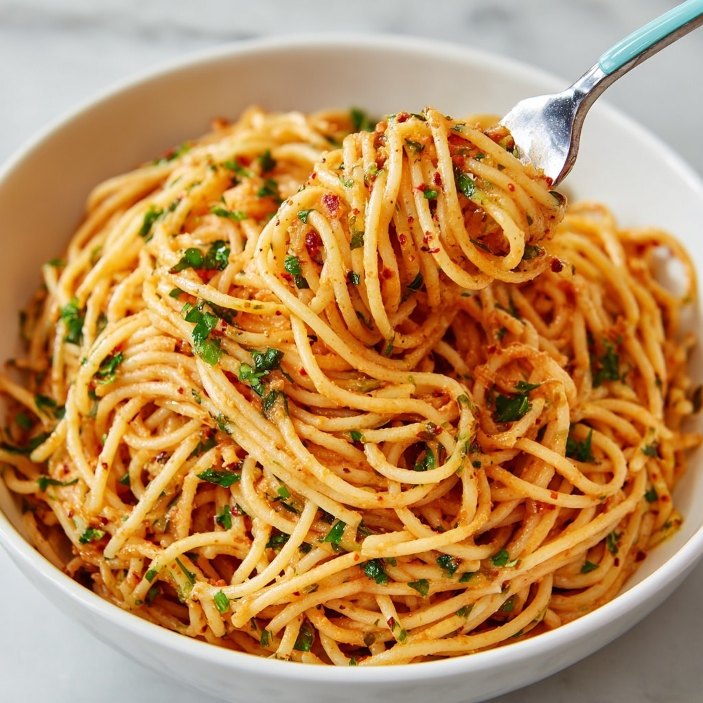 A close-up view of a large white bowl filled with spaghetti noodles coated in a light orange sauce mixed with finely chopped green herbs and small bits of red seasoning, giving a textured and colorful look. The noodles are twirled around a shiny silver fork with a light blue handle, held vertically above the bowl, showing the sauce glistening on the strands. The background is a white marbled texture that contrasts softly with the warm colors of the pasta. photo taken with an iphone --ar 4:5 --v 7