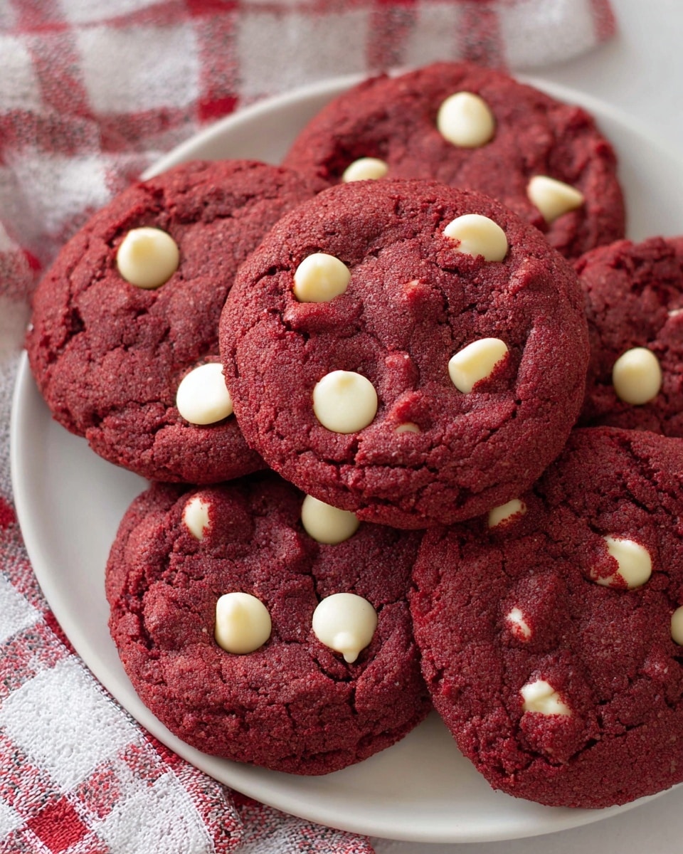 The image shows several round red velvet cookies with a soft, slightly cracked texture and white chocolate chips embedded on the surface in an uneven pattern. Each cookie is thick with a deep reddish-brown color as the base layer, and slightly shiny white chocolate chips stand out on top. The cookies rest on a checkered cloth that has black and white squares, which lies on a white marbled textured surface. In the background, there is a black cooling rack with more red velvet cookies placed on it. The whole scene has a close-up, cozy feel. photo taken with an iphone --ar 4:5 --v 7