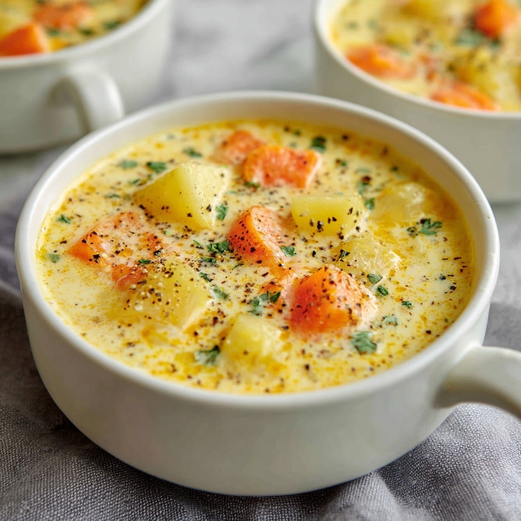 A close-up view of a creamy soup served in a white bowl with a handle, placed on a soft grey cloth. The soup has a thick yellowish base with chunks of orange carrots and pale yellow potatoes scattered on top. Small green herb pieces are sprinkled over the surface, adding color contrast. The soup looks warm and seasoned with black pepper flakes lightly spread across the surface. The background includes blurred parts of similar white bowls, all set against a white marbled textured surface. photo taken with an iphone --ar 4:5 --v 7