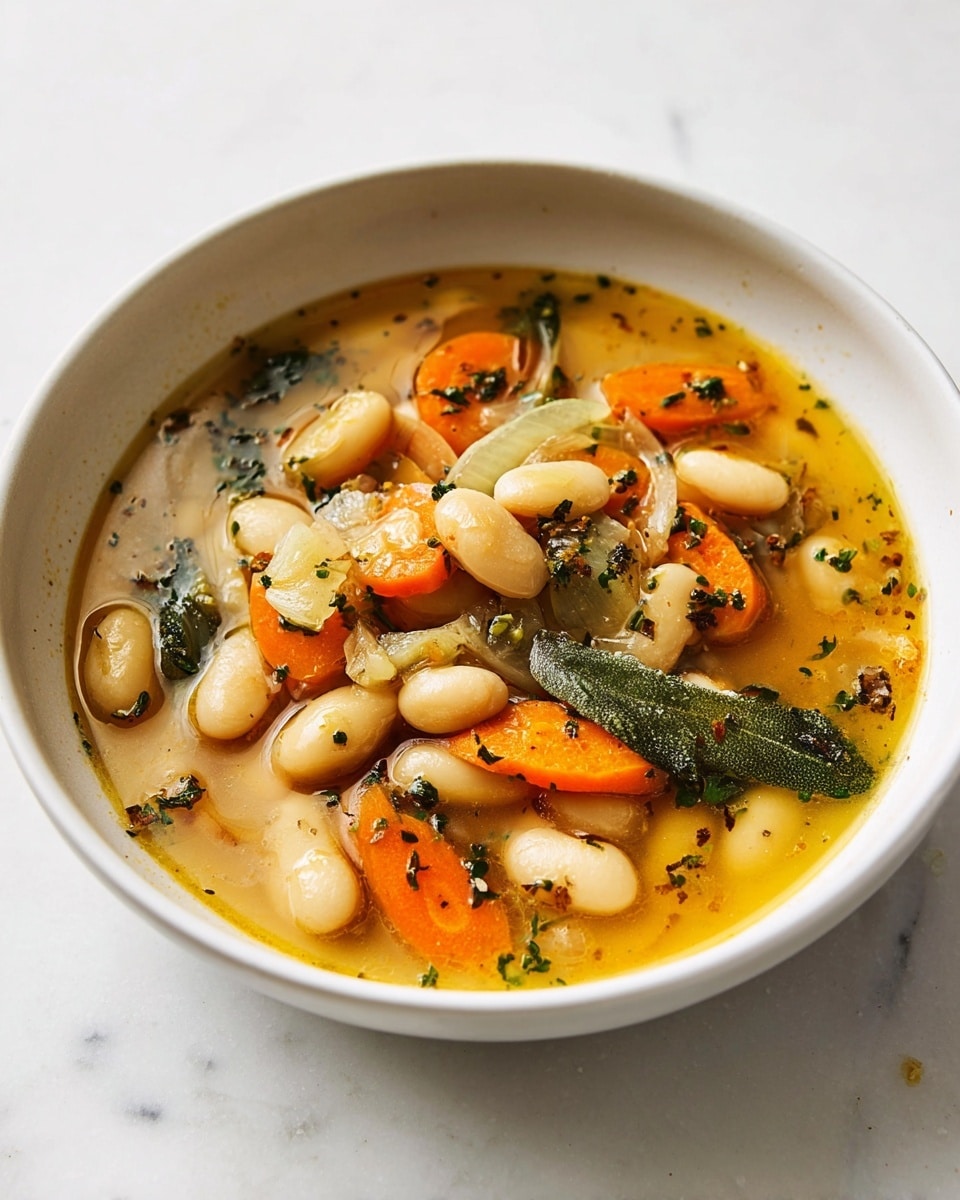 A white bowl filled with a soup that has a light orange broth with oil droplets on the surface, containing soft white beans, sliced orange carrots, translucent cooked onions, and green herbs scattered throughout. The vegetables and beans sit in the middle, creating a textured mix of rounded beans and irregular vegetable shapes, with the broth surrounding and soaking the ingredients. The bowl is placed on a white marbled surface. photo taken with an iphone --ar 4:5 --v 7