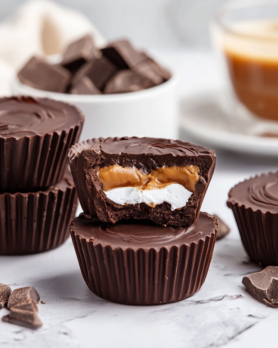 A stack of four homemade chocolate peanut butter cups is shown cut in half to reveal three distinct layers inside each cup. The outer layer is thick, dark, and glossy chocolate with a rough, slightly cracked surface. Inside, there is a middle layer of smooth, light brown peanut butter, which sits beneath a top layer of white, fluffy marshmallow cream with a slightly uneven texture. The cups are stacked on a white marbled surface with soft lighting that highlights the rich colors and textures of the chocolate and fillings. Photo taken with an iphone --ar 4:5 --v 7