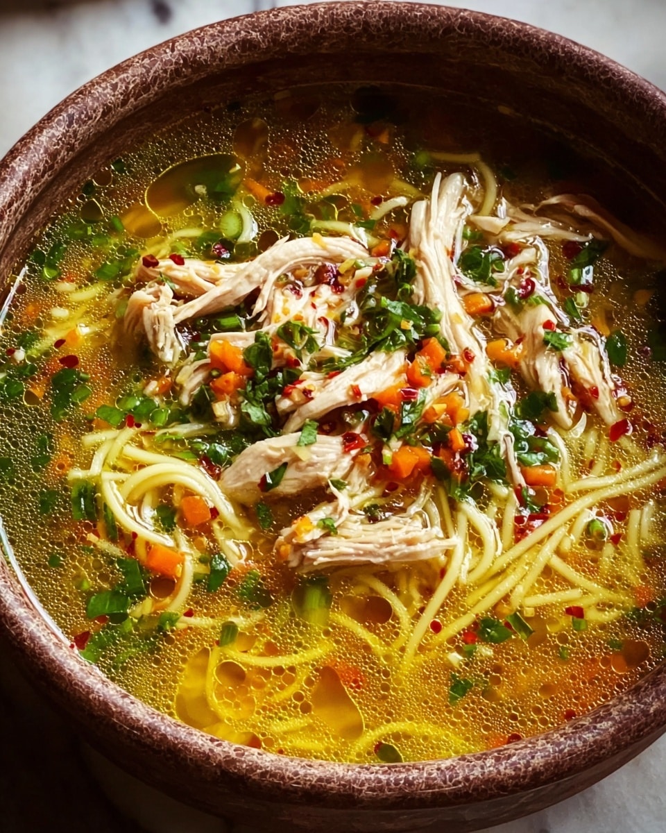 A bowl filled with clear, golden broth holding yellow noodles submerged underneath. On top, shredded white chicken pieces are scattered, mixed with small diced orange carrots and bright green chopped herbs, including cilantro and green onions. Red chili flakes are sprinkled across the surface. The bowl itself is rustic with a rough texture, set against a white marbled surface. photo taken with an iphone --ar 4:5 --v 7