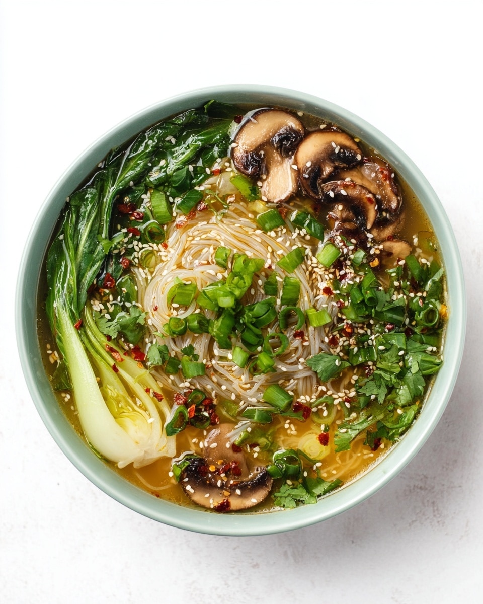 A blue bowl filled with a clear brown broth containing thin white noodles forming a nest near the center, topped with bright green chopped scallions, dark brown sliced mushrooms, and fresh green bok choy leaves arranged along the side. The broth is garnished with white sesame seeds and red chili flakes scattered over the noodles and vegetables. A white ceramic spoon rests inside the bowl, partially submerged with broth and small scallion pieces on it, positioned over the noodles. The background is a white marbled texture. photo taken with an iphone --ar 4:5 --v 7