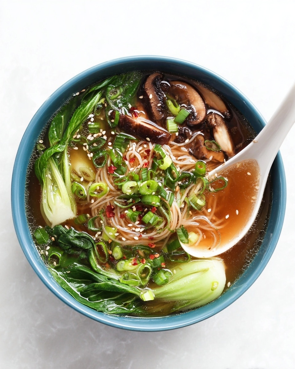 A bowl of hot noodle soup is shown from above with a white marbled texture background. The bowl is white and filled with layers starting with a clear golden broth. Thin white rice noodles sit in the center, topped with chopped green onions and sprinkled white sesame seeds. Around the noodles, there are bright green bok choy leaves, some submerged and some resting on top, along with halved brown mushrooms. There are also tiny red chili flakes and fresh cilantro pieces scattered on top, adding color and texture contrast. Photo taken with an iphone --ar 4:5 --v 7