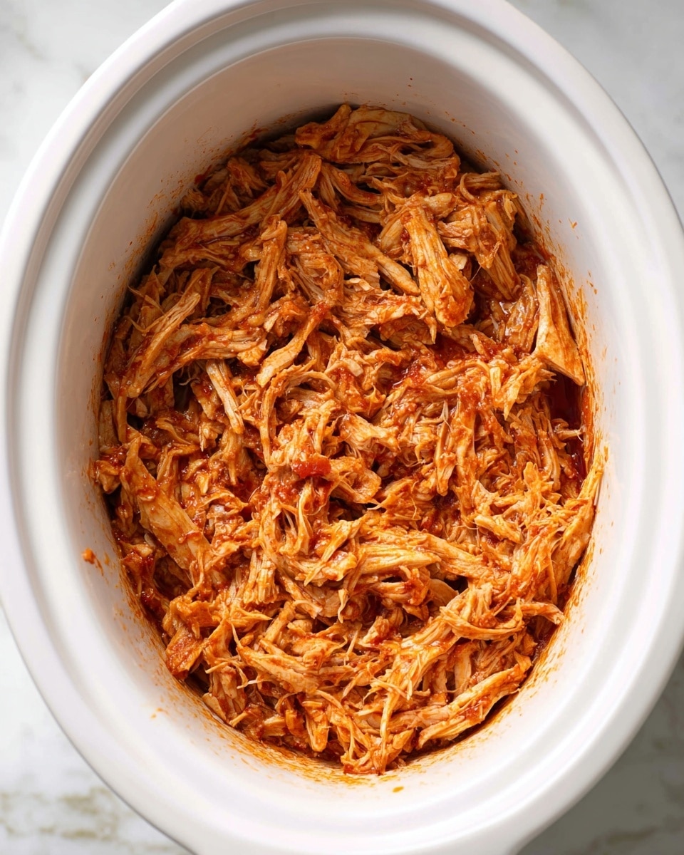 A close-up image of shredded chicken cooked in a sauce, placed in a black cast iron skillet. The shredded chicken is light brown with an orange tint from the sauce, and you can see some small pieces of red tomato mixed in. Two slices of lime and a few fresh green cilantro leaves sit on top, adding a fresh green touch to the dish. The skillet rests on a white marbled surface with part of a white and blue striped cloth visible at the edge. photo taken with an iphone --ar 4:5 --v 7