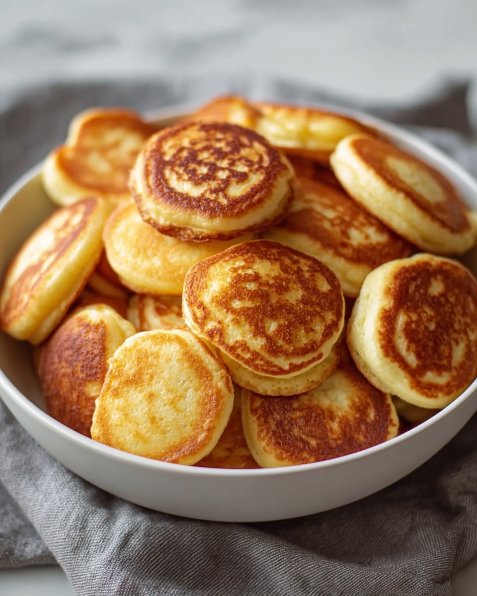 A white bowl filled with several small, round fried cheese pancakes stacked closely together. Each pancake has a golden-brown, crispy top layer with some darker browned spots and a soft, pale yellow, slightly textured side layer. The bowl sits on a surface with a white marbled texture. photo taken with an iphone --ar 4:5 --v 7