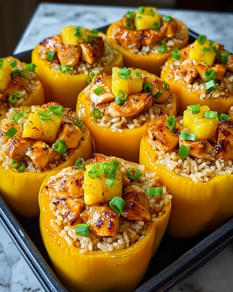 The image shows a tray filled with nine yellow bell peppers cut in half vertically, each hollowed out and stuffed with a base layer of light tan cooked rice mixed with some small black seeds or spices. On top of the rice, there are several golden-brown grilled pineapple chunks with a slightly caramelized, crispy texture. Fresh green herbs are sprinkled generously over the pineapples and rice, adding a pop of color. The tray holding the peppers is black, and the background has a white marbled texture. The lighting highlights the shiny and slightly charred look of the grilled pineapple pieces. photo taken with an iphone --ar 4:5 --v 7