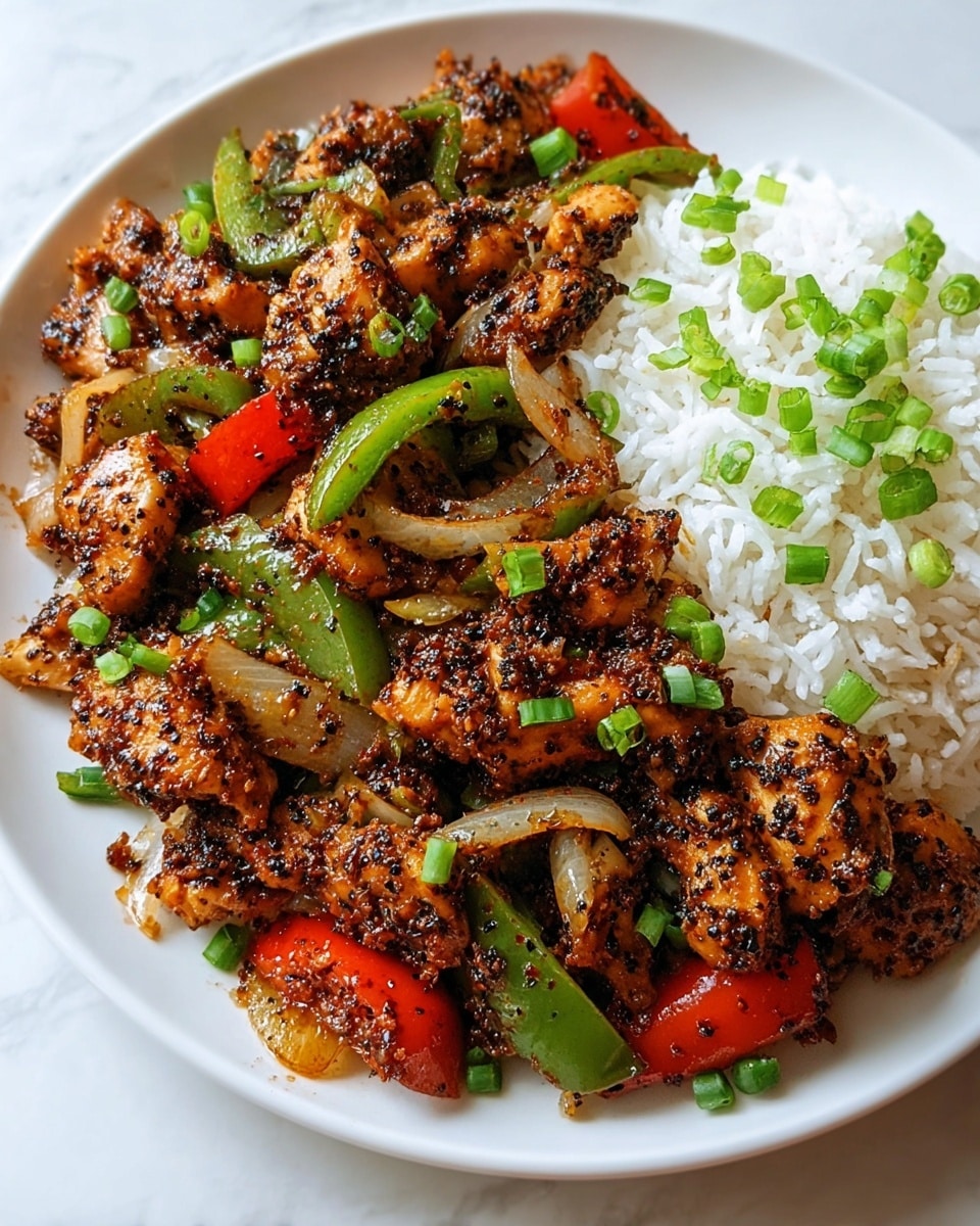 The image shows a white plate filled with a spicy stir-fried dish made of small, browned chicken pieces coated with black pepper and spices. The chicken is mixed with vibrant green and red bell pepper slices and translucent sautéed onion strips. The dish is garnished with chopped green onions scattered on top. On the side of the plate, there is a serving of white rice sprinkled with more green onions. The plate is placed on a white marbled surface, and the close-up shot highlights the texture and seasoning on the chicken and vegetables. photo taken with an iphone --ar 4:5 --v 7