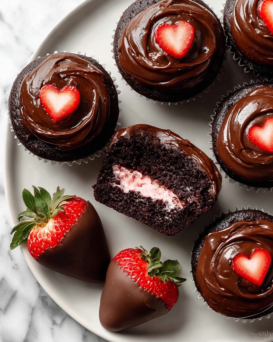 A white plate holds eight dark chocolate cupcakes, each topped with a shiny, smooth layer of dark chocolate frosting spread in a gentle swirl. At the center of each cupcake's frosting sits a small heart-shaped slice of bright red strawberry. One cupcake is cut in half exposing three layers: the dark, moist chocolate cake outer layer, a creamy light pink strawberry filling inside, and the glossy dark chocolate frosting on top. Around the plate on the white marbled surface, three large fresh strawberries are dipped halfway in glossy dark chocolate with green leafy tops still attached. photo taken with an iphone --ar 4:5 --v 7