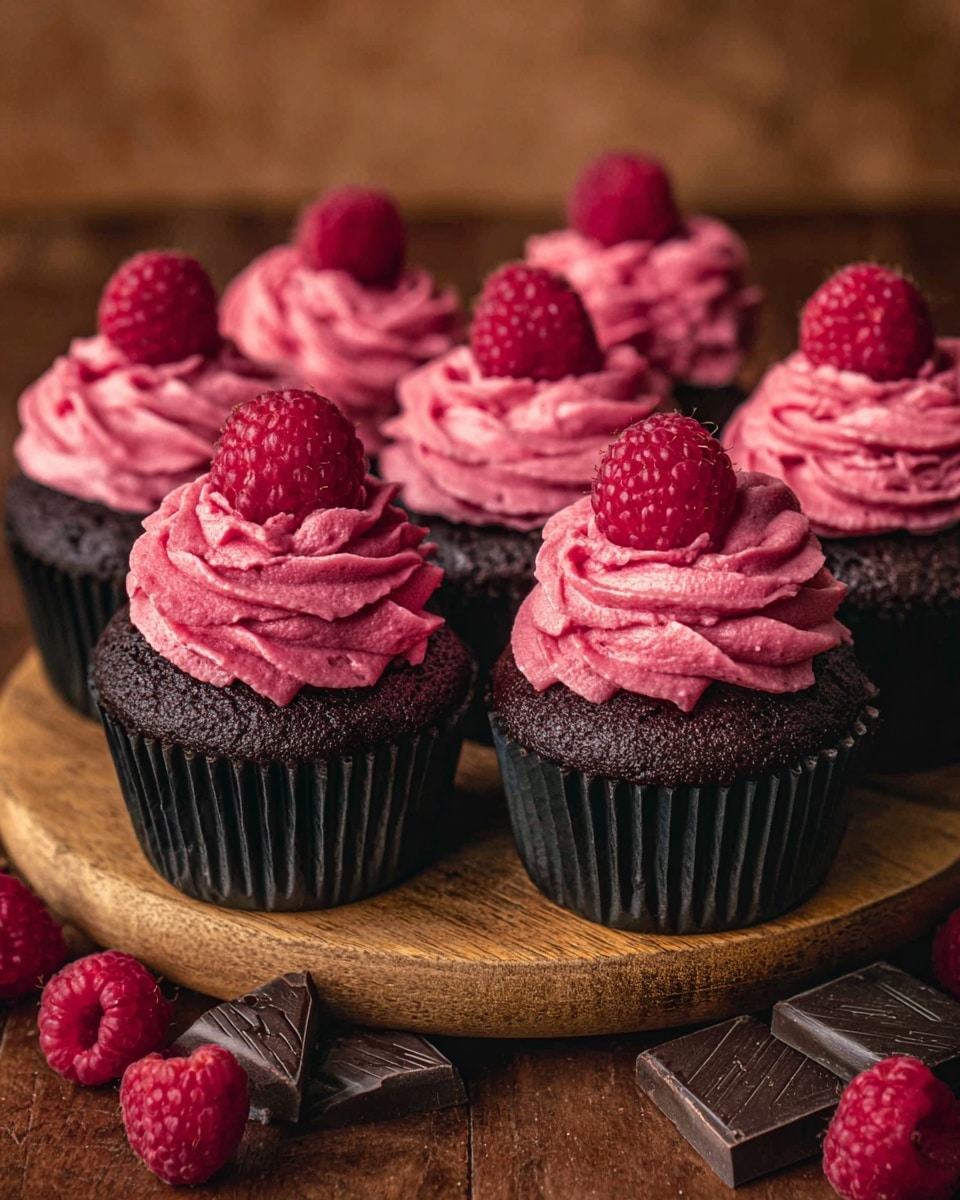 The image shows a group of seven dark chocolate cupcakes placed on a wooden round board and a wooden surface with scattered pieces of dark chocolate and fresh raspberries. Each cupcake has one layer of rich, dark chocolate cake base wrapped in a black paper liner. On top, there is a thick, swirled layer of bright pink raspberry frosting with a smooth but slightly textured finish. Each cupcake is topped with a whole, fresh red raspberry that adds a glossy, textured contrast. The background is blurred with warm brown tones, and the overall scene is cozy and inviting. Photo taken with an iphone --ar 4:5 --v 7