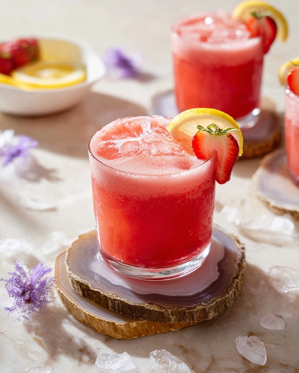 A short, clear glass filled with a bright pink, frothy strawberry drink topped with small ice cubes sits centered on two stacked agate slices with rough brown edges, placed on a white marbled texture. The drink is garnished with a thin yellow lemon slice and a red strawberry slice on the rim. In the background, two more identical glasses with the same drink are visible, slightly blurred. To the left, a white bowl with yellow inside holds halved strawberries, and small purple flowers are scattered around the scene. Loose crushed ice pieces are spread on the white marbled surface. photo taken with an iphone --ar 4:5 --v 7