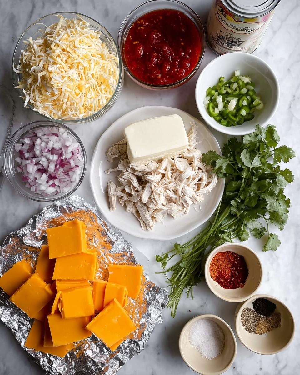 The image shows a collection of cooking ingredients arranged on a white marbled surface. At the bottom left, there are several chunks and slices of bright orange cheddar cheese placed on a piece of silver foil. Above the cheddar, a small white bowl contains finely chopped garlic. Nearby, there is a mound of shredded white cheese with some red pepper flakes sprinkled in. To the right, a white plate holds shredded cooked chicken pieces. Above the chicken is a block of white cream cheese resting on silver foil. To the right of the cream cheese, a can with cream-colored liquid is partially visible. A small glass bowl filled with diced green bell peppers sits above. A small beige dish contains an assortment of spices in separate sections: red paprika powder, black pepper, dried oregano, and pink salt. Fresh cilantro leaves are placed on the left side, next to a glass cup holding finely chopped red onions. On the top left, a clear measuring cup is filled with chunky red salsa. photo taken with an iphone --ar 4:5 --v 7