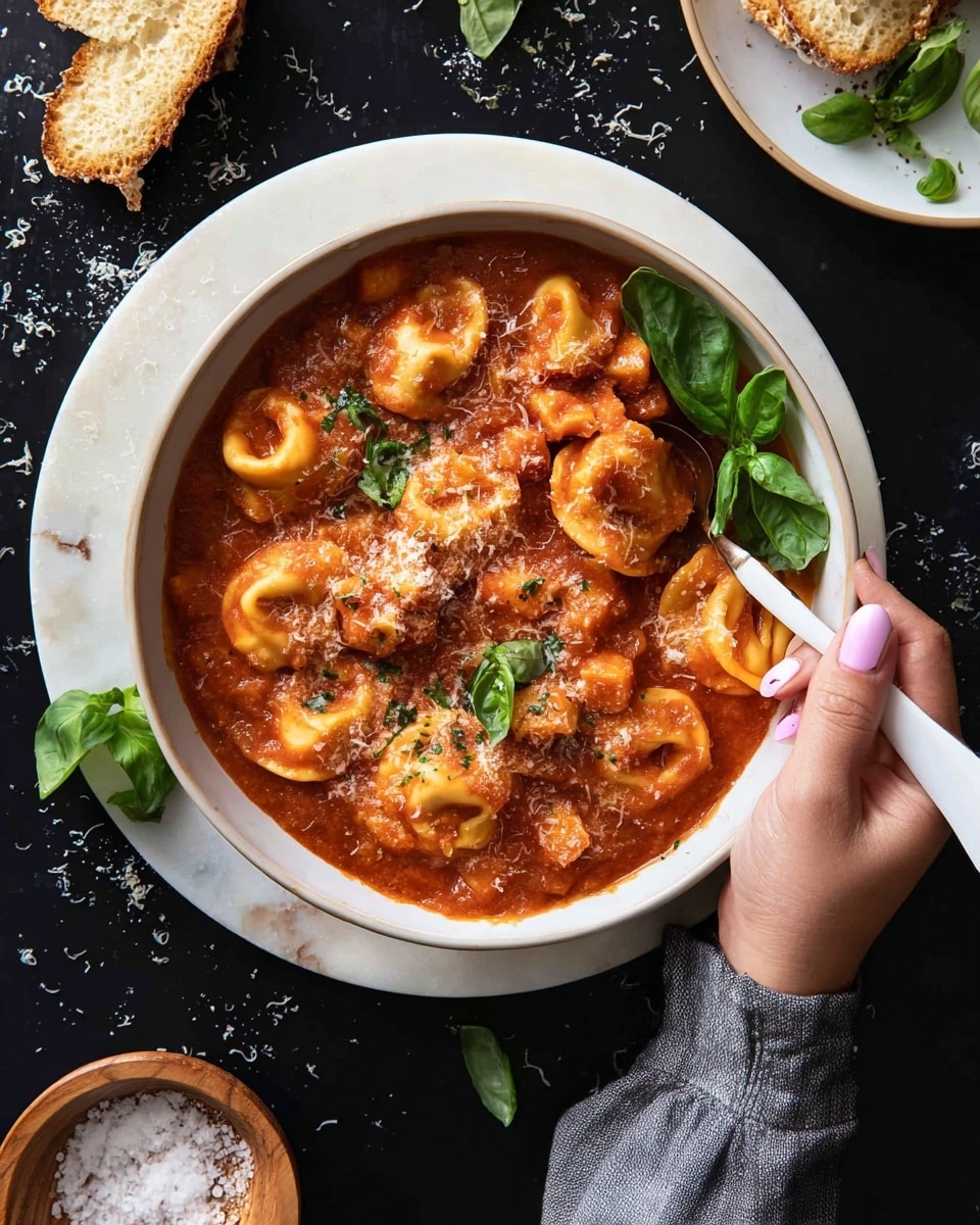 A white bowl filled with tortellini pasta covered in a thick red tomato sauce with small chunks of vegetables, sprinkled with grated cheese on top. The tortellini are golden and plump, sitting in the rich sauce, and fresh green basil leaves garnish one side of the bowl. A woman's hand with pale pink nail polish and a grey sleeve holds a white spoon placed inside the bowl. The bowl is placed on a white marbled board, set on a dark surface. Nearby, there is a white plate with coarse salt in a small wooden bowl and a piece of torn bread on the dark table. Photo taken with an iphone --ar 4:5 --v 7