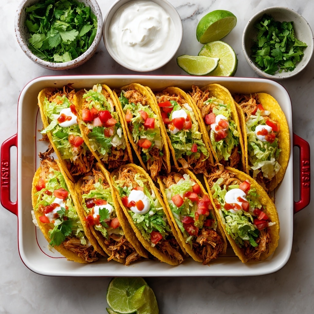 A white rectangular dish with red handles holds eight tacos arranged closely in two rows. Each taco has three layers: the yellow crispy taco shell on the outside, a filling of shredded cooked chicken mixed with some melted cheese in the middle layer, and fresh lettuce chopped into thin strips topped with diced red tomatoes and green cilantro leaves inside. Some tacos have a dollop of white sour cream on top with a small drizzle of red hot sauce. Around the dish are white bowls with sour cream and chopped cilantro, and several fresh lime wedges. The setting is on a white marbled surface. photo taken with an iphone --ar 4:5 --v 7