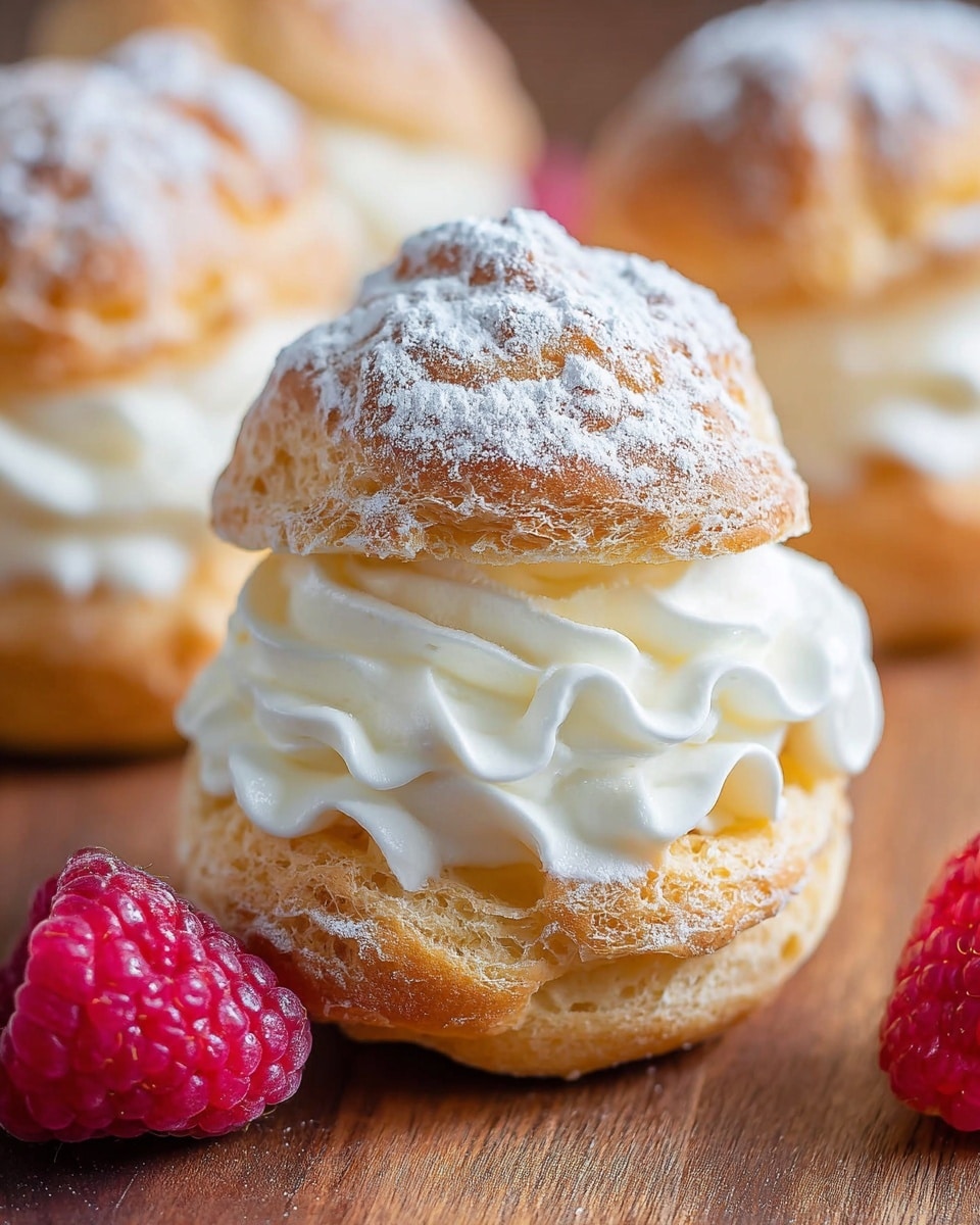 A stack of three golden cream puffs is shown, each puff filled with white creamy filling visible through small openings. The cream puffs have a light dusting of powdered sugar on top, adding a snowy texture to their soft, slightly cracked surfaces. Around the base of the stack, there are several bright red raspberries providing a pop of color. The entire scene is set against a white marbled texture, giving a clean and fresh look. photo taken with an iphone --ar 4:5 --v 7