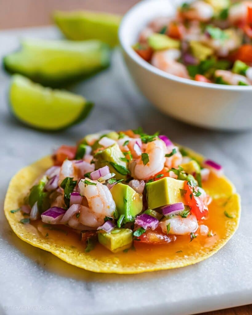 Ceviche with Shrimp, Avocado, and Tomato Served on Tostadas Recipe