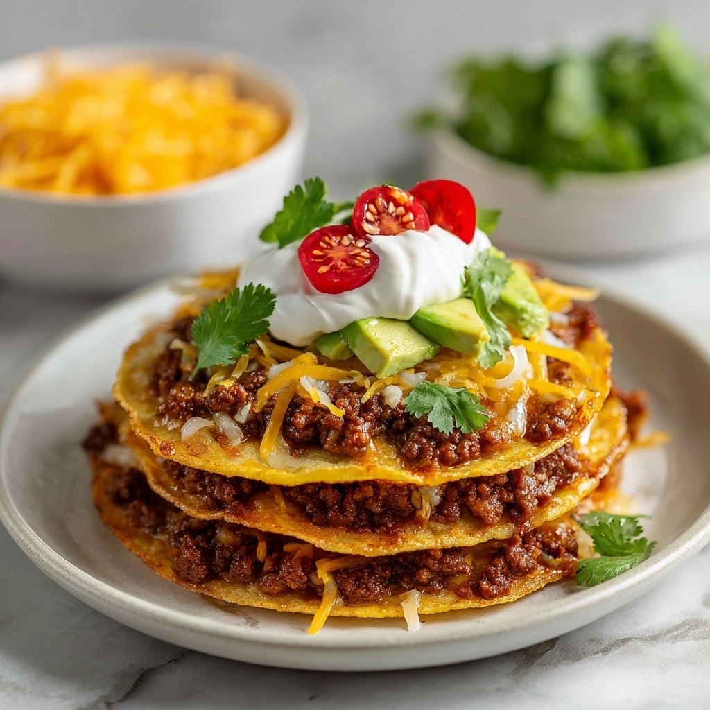 The image shows a white plate with a three-layer taco stack. Each layer has a crispy golden tortilla with browned ground meat mixed with sautéed onions and melted yellow shredded cheese. On top, there is a dollop of white sour cream, two small red cherry tomato halves, a slice of light green avocado, and a few fresh green cilantro leaves. In the blurred background, there is a white bowl filled with shredded yellow cheese and some green herbs on a white marbled texture surface. photo taken with an iphone --ar 4:5 --v 7