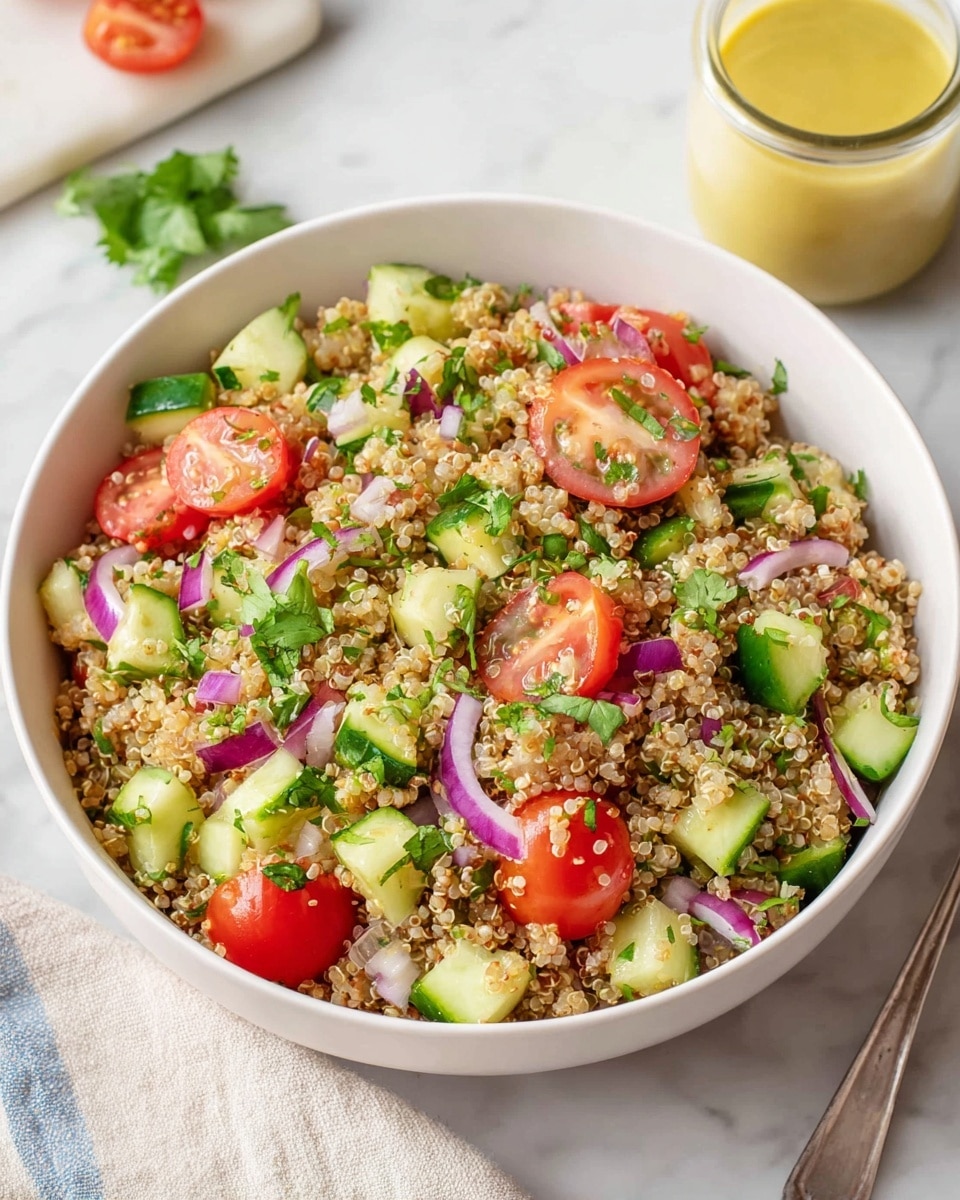 A white bowl filled with a colorful quinoa salad showing three main layers: the base layer is light brown cooked quinoa with a fluffy and grainy texture, the middle layer has bright green cucumber chunks scattered evenly, and the top layer features halved red cherry tomatoes, finely chopped red onions, and small green cilantro leaves sprinkled throughout. The salad looks fresh and mixed well, set on a white marbled surface with a glass jar of light yellow dressing nearby. photo taken with an iphone --ar 4:5 --v 7