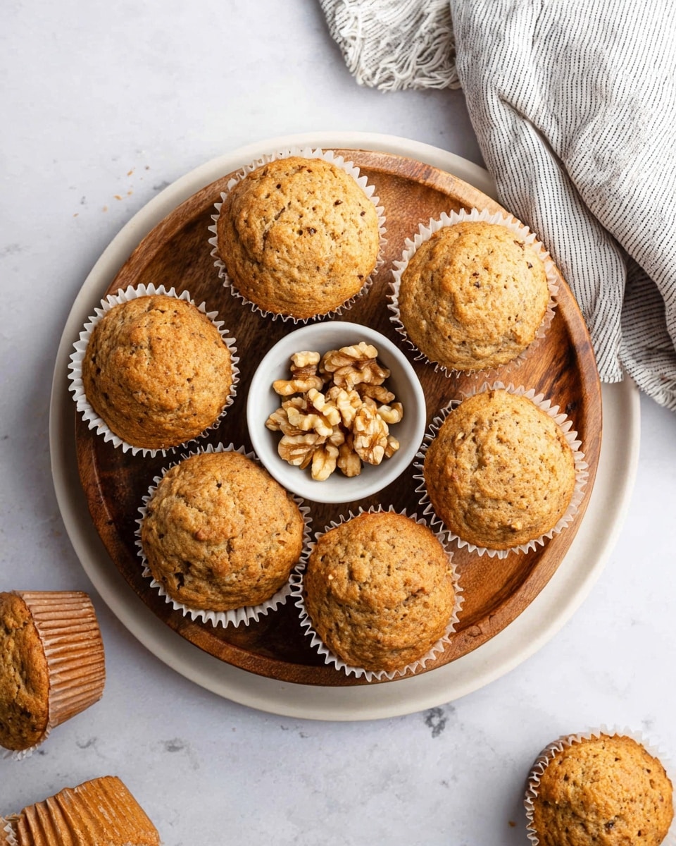 A close-up of a single muffin with a bite taken out of it, showing a soft, crumbly inside with small dark specks, placed in an open white paper muffin cup on a white marbled surface. Behind it, there is a second whole muffin also in a white paper cup, slightly out of focus. Small pieces of walnut sit near the muffins adding texture to the scene. Photo taken with an iphone --ar 4:5 --v 7