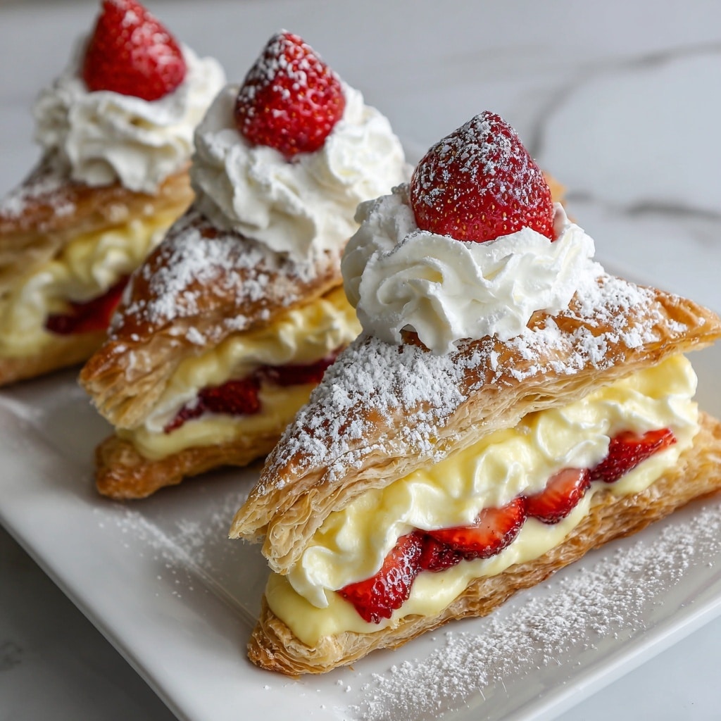 The image shows three triangular puff pastry desserts on a long white plate, each with three visible layers: the top and bottom layers are golden-brown and flaky with a dusting of white powdered sugar, and the middle layer is filled with creamy pale yellow custard and bright red chopped strawberries. Each dessert is topped with a swirl of white whipped cream and a small piece of strawberry, with more powdered sugar sprinkled over the whipped cream and plate. The background is a white marbled texture. photo taken with an iphone --ar 4:5 --v 7