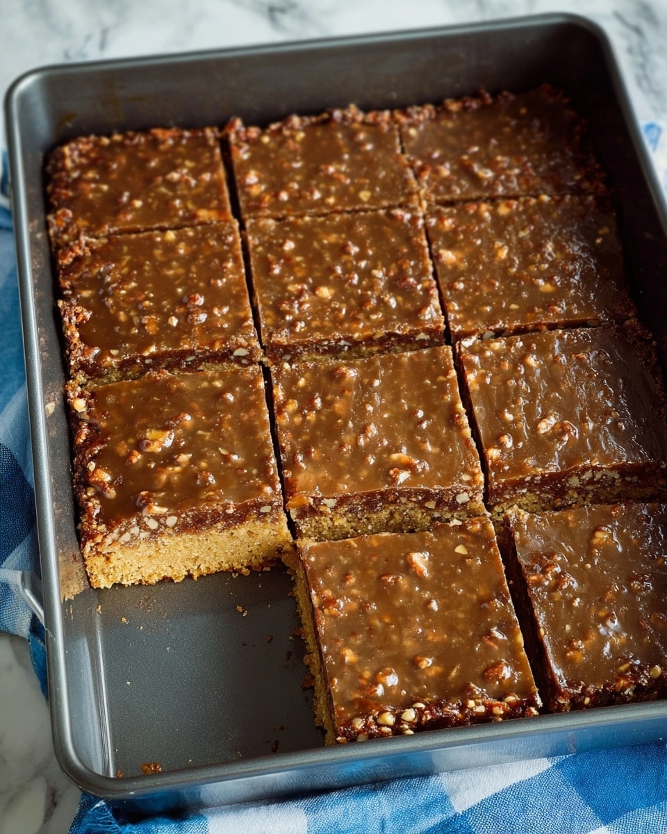 A close-up image shows a piece of dessert served on a white plate with a textured edge. The dessert has two layers: the bottom layer is a moist, yellow cake with a light and fluffy texture, and the top layer is a sticky, gooey, dark golden brown topping that looks like it contains melted sugar and chopped nuts. A silver fork is holding a bite-sized portion of the dessert, showing the contrast between the soft cake and the rich topping. The background is a white marbled texture. Photo taken with an iphone --ar 4:5 --v 7