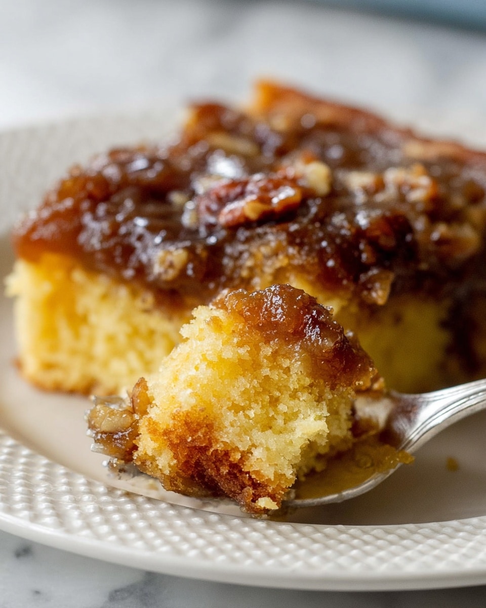 The image shows a metal baking tray holding nine square pieces of a two-layer dessert bar. The bottom layer is light golden and dense, while the top layer is a thick, glossy, brown mixture with small nut pieces spread evenly throughout. One square in the bottom left corner is missing, revealing the distinct separation between the golden base and the darker, textured top. The tray is set on a white marbled surface with a blue and white checkered cloth peeking out from underneath the edge. Photo taken with an iphone --ar 4:5 --v 7