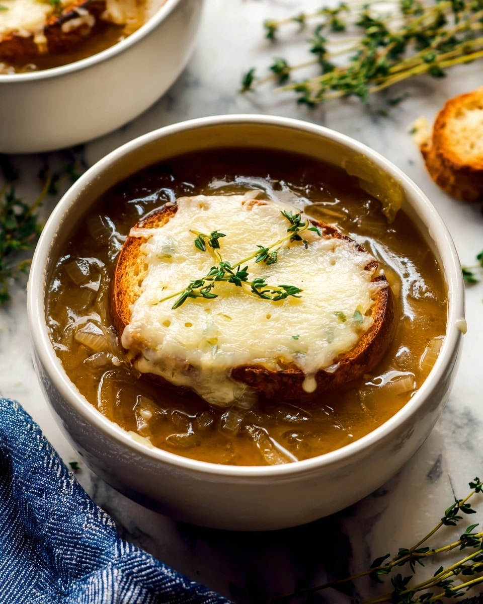 A white soup bowl filled with clear golden-brown French onion soup with visible thinly sliced caramelized onions in the broth. On top, a round toasted bread slice sits just under a layer of melted creamy, slightly browned cheese that is smooth and thick. Small fresh green thyme sprigs are scattered over the cheese, adding a touch of vibrant color. The bowl is positioned on a white marbled surface with some thyme sprigs nearby and a blue striped cloth partially visible at the corner. Photo taken with an iphone --ar 4:5 --v 7