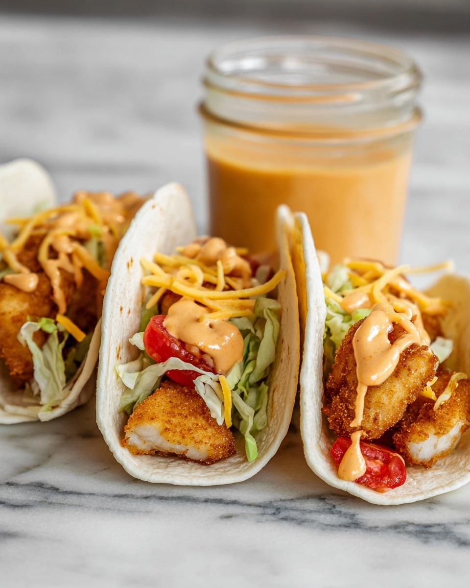 Three soft white tortillas stand upright on a white marble surface, each filled with golden brown fried fish pieces as the bottom layer. On top of the fish is a mix of shredded light green lettuce and small red tomato chunks. Drizzled over these layers is a smooth light orange sauce, and thin strands of shredded yellow cheese are scattered over the top. Behind the tacos is a glass jar filled with more of the creamy orange sauce. photo taken with an iphone --ar 4:5 --v 7
