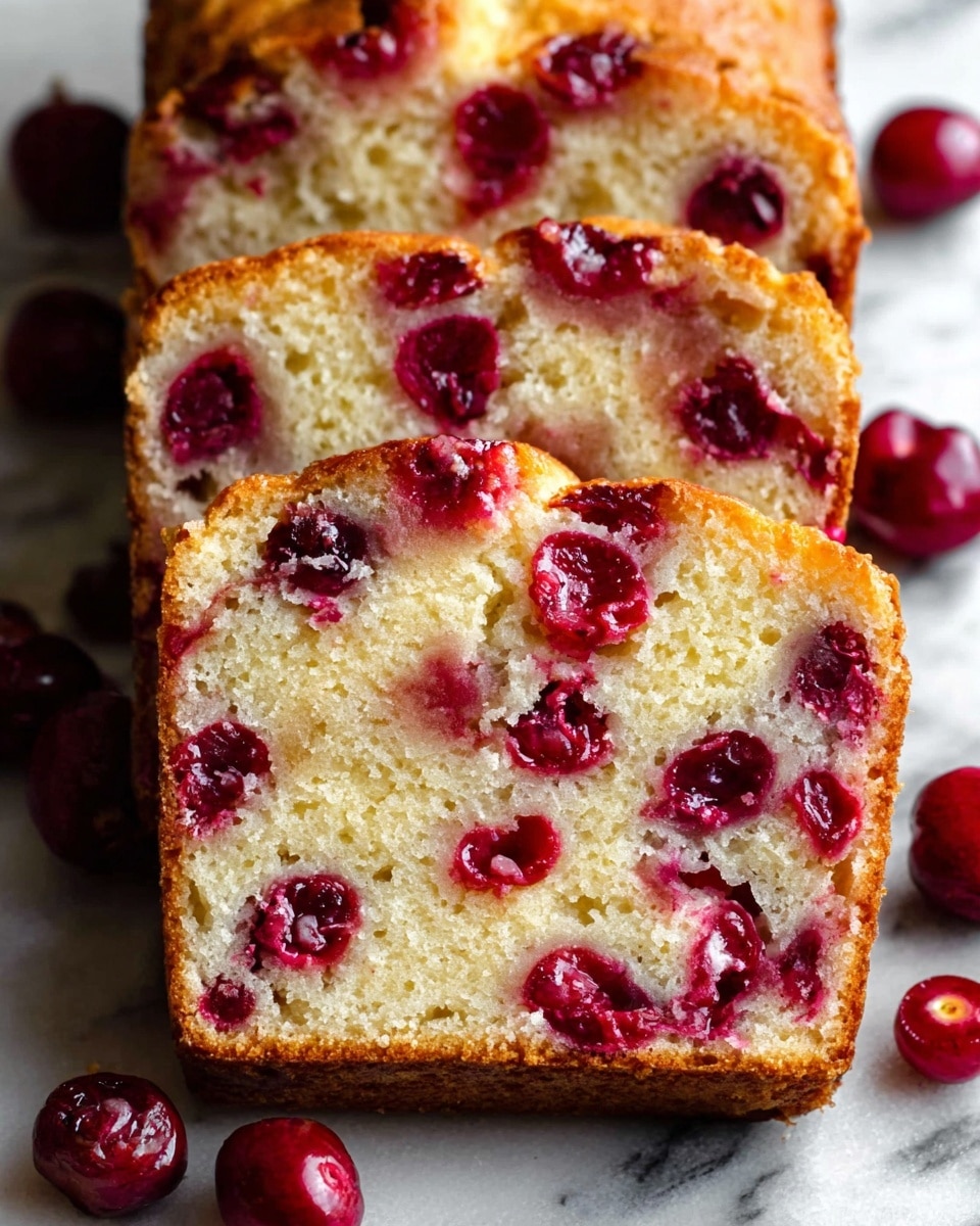 The image shows three slices of a loaf cake stacked slightly overlapped on a white marbled surface. The cake has a light golden-brown crust with a soft, pale yellow interior that is studded with whole and halved deep red cherries evenly spread throughout each slice, creating a textured look with bursts of bright fruit color. The crumb looks moist and dense, contrasting with the rough, slightly cracked outer crust. Some whole cherries are scattered around the slices, enhancing the fresh fruit appearance. Photo taken with an iphone --ar 4:5 --v 7
