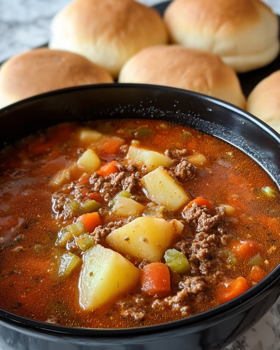 A close-up view of a black bowl filled with thick beef stew, showing chunky layers of brown ground beef, pale yellow potato pieces, green celery chunks, orange carrot parts, and translucent onions all mixed in a rich, brownish-red broth with visible pepper specks; behind the bowl, soft, round, golden dinner rolls sit on a white marbled surface. Photo taken with an iphone --ar 4:5 --v 7