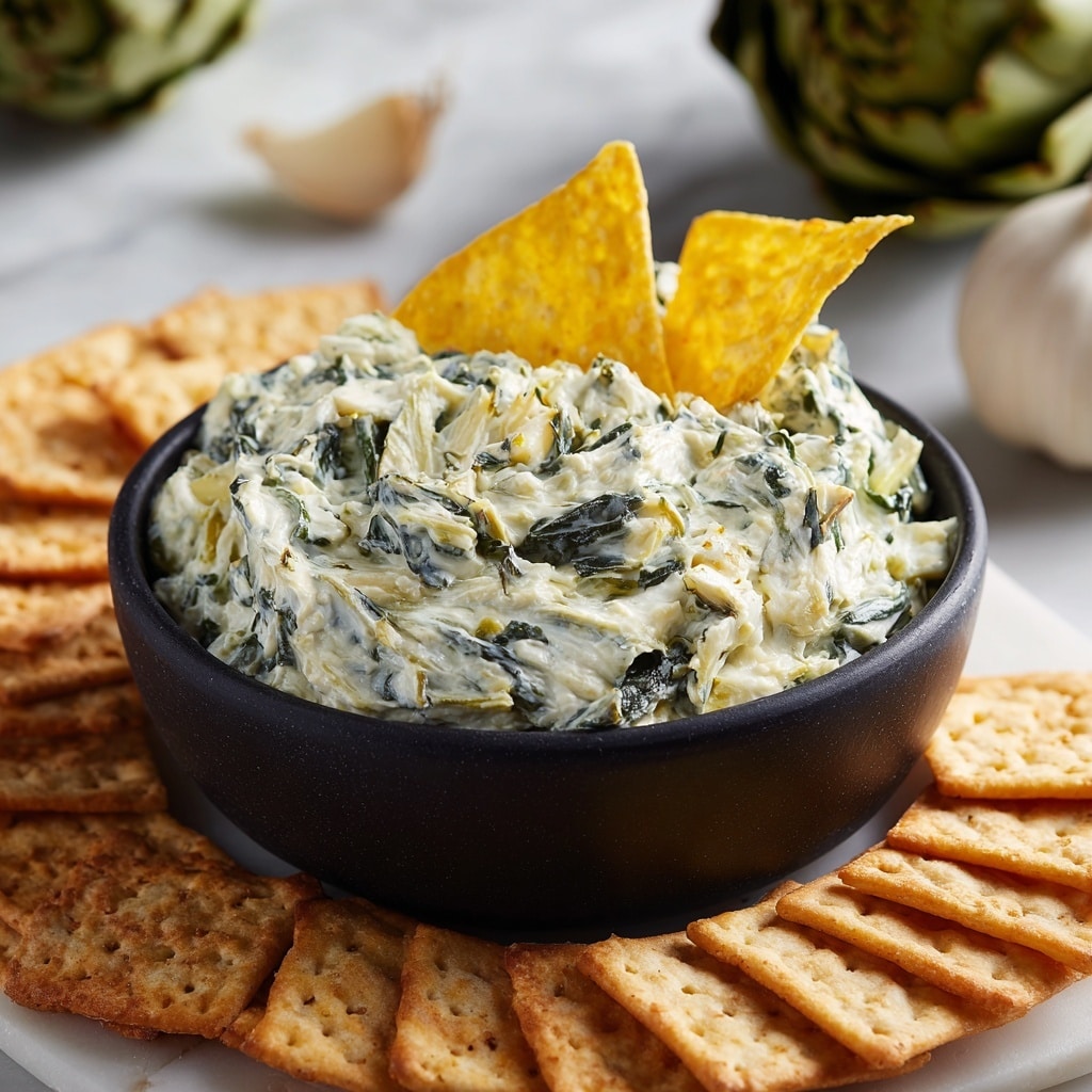 A close-up view of a black bowl filled with creamy spinach artichoke dip, showing thick, textured swirls of white and green from the spinach and artichoke pieces, partly covered by two bright yellow tortilla chips standing upright in the dip. Surrounding the bowl are light brown, rectangular crackers arranged in neat rows on a white marbled surface, with blurred green artichokes and a whole garlic bulb in the soft background. Photo taken with an iphone --ar 4:5 --v 7