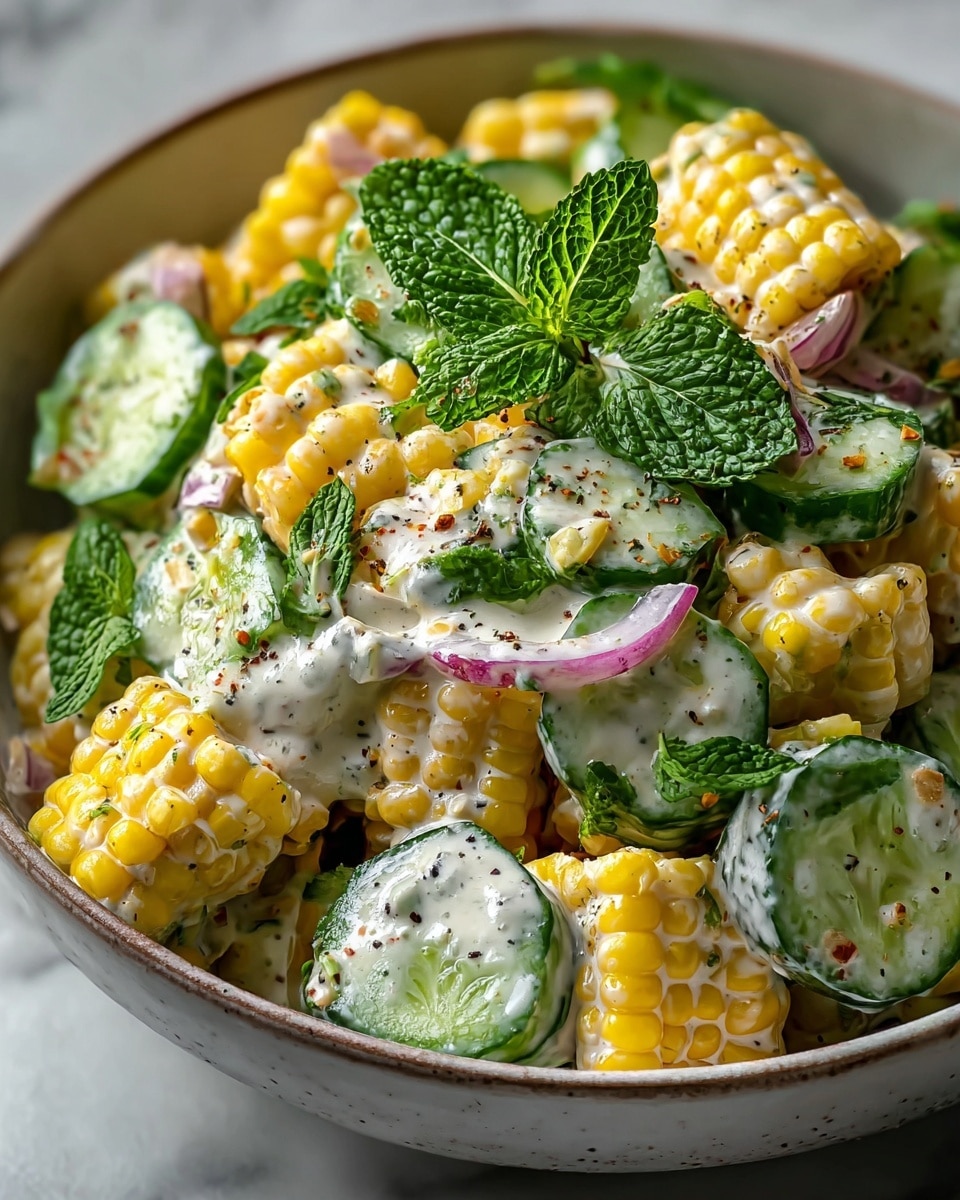 A bowl of fresh salad with several layers: the bottom layer has bright yellow corn kernels and pieces of corn on the cob with a shiny, slightly wet texture; the middle layer contains thick slices of green cucumber with ridged edges and a glossy surface; scattered throughout are small red chili pepper pieces adding contrast; the salad is covered with a white creamy dressing that lightly coats the vegetables, with flecks of black pepper and green herbs sprinkled on top; two vibrant green mint leaves rest on the surface, adding a fresh look. The bowl is white with a round shape, set on a white marbled textured surface. photo taken with an iphone --ar 4:5 --v 7