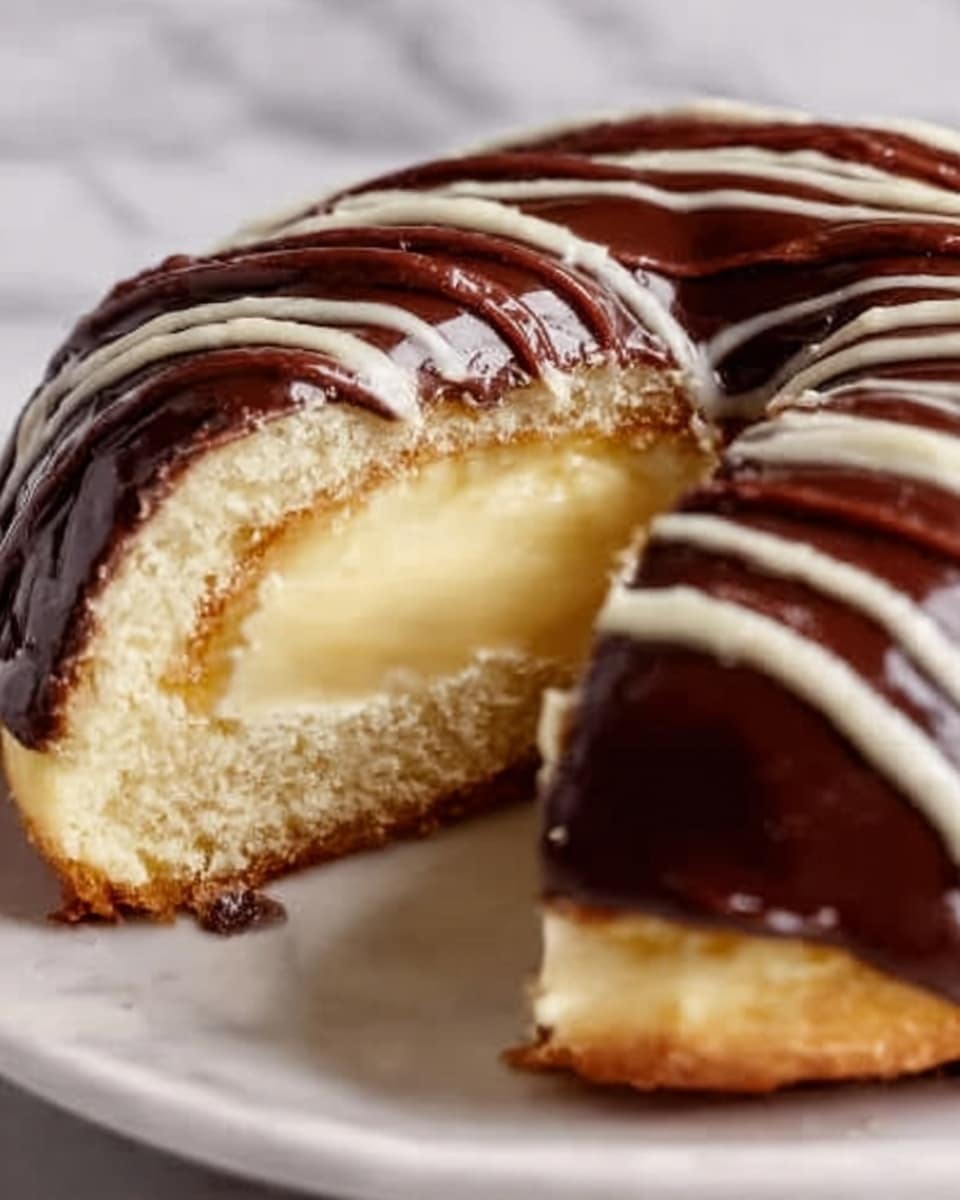 A close-up of a round dessert cut in half, showing three clear layers: a soft, light golden outer layer, a smooth, creamy pale yellow filling in the middle, and a thick, shiny dark brown chocolate layer drizzled over the top with thin ribbons of chocolate flowing down the sides; the dessert rests on a white plate with the background being a white marbled texture, with a woman's hand holding the edge of the plate. Photo taken with an iphone --ar 4:5 --v 7