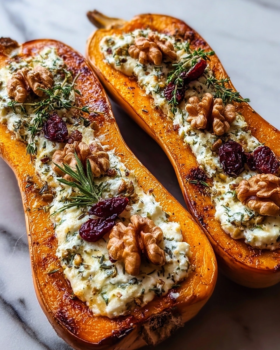 The image shows two halves of roasted orange butternut squash, each with three layers. The bottom layer is the vibrant orange roasted squash with a slightly glossy, textured surface and some crispy browned spots around the edges. The middle layer is a thick strip of creamy white cheese spread, slightly uneven in texture with herbs mixed in. On top of the cheese, the third layer includes whole walnuts, dried deep red cranberries, and fresh green thyme sprigs scattered evenly along the length of the squash. The squash rests on a white marbled surface. photo taken with an iphone --ar 4:5 --v 7